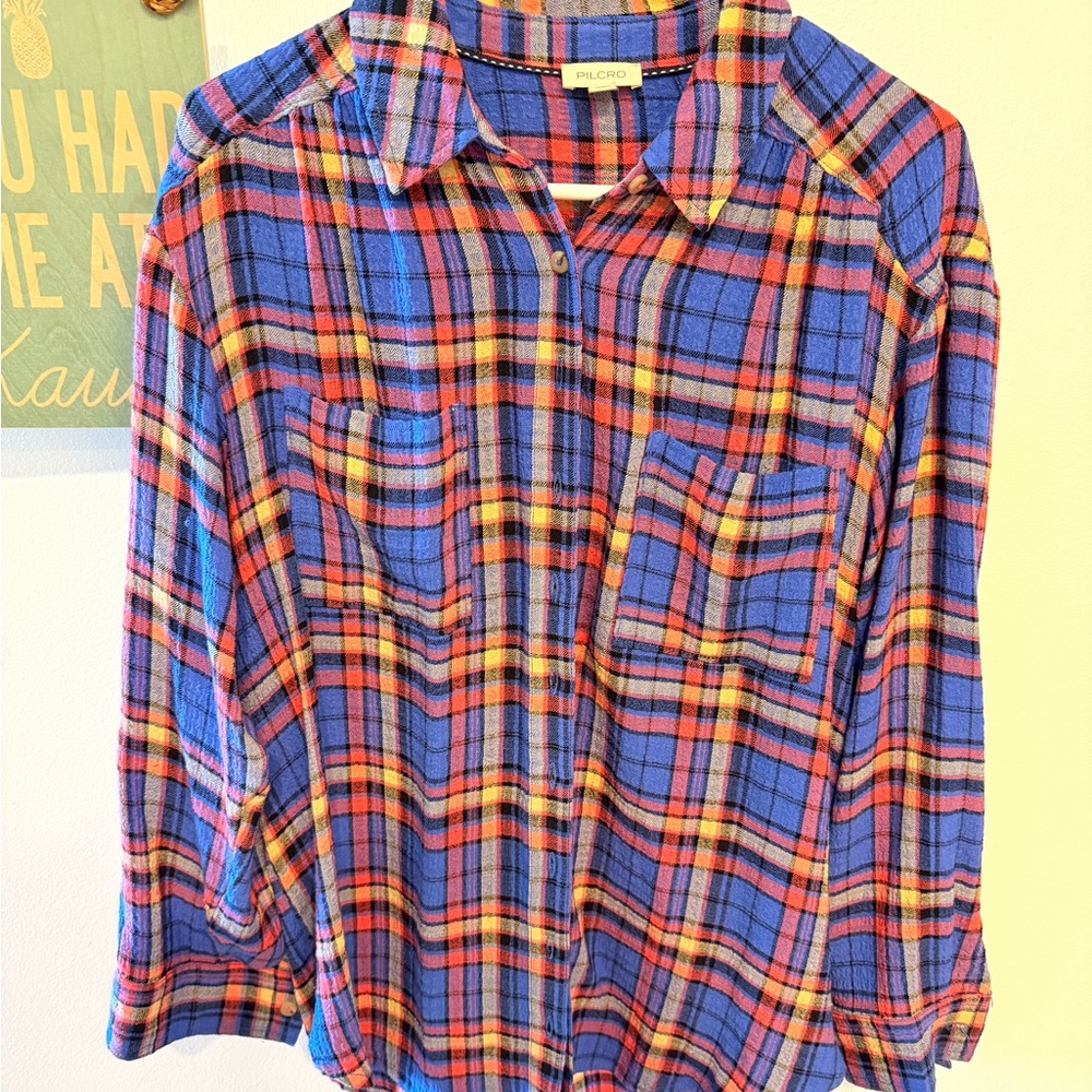 Pilcro Blue Red Yellow Plaid Button-Down Shirt